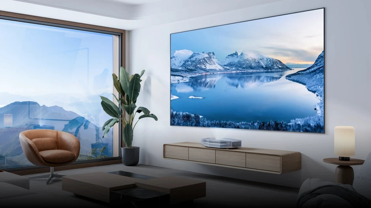 Ultra short throw projector replacing a TV in a modern living room.