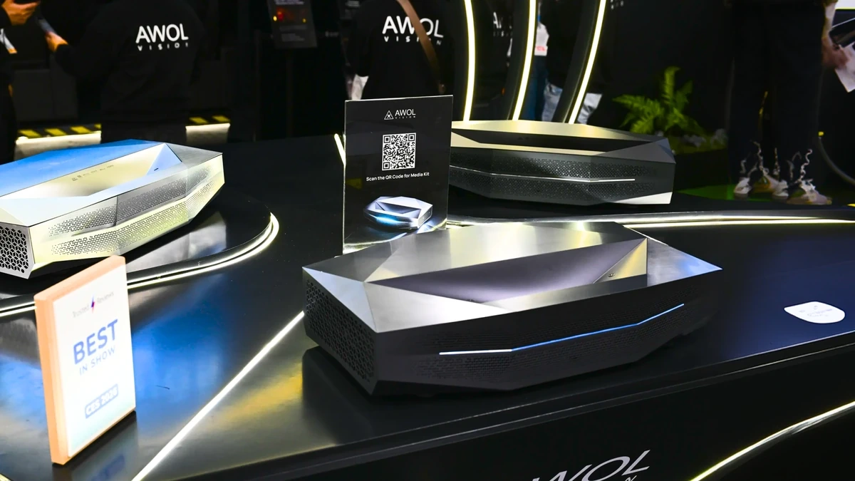 Ultra short throw laser projectors displayed at an AWOL Vision exhibition.