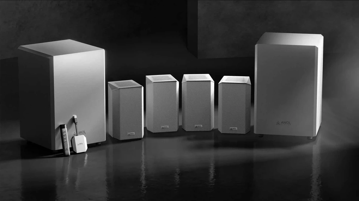 AWOL Vision home cinema surround sound speaker system.