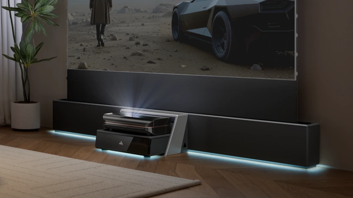 AWOL Vision ultra short throw projector with an integrated home cinema audio system.