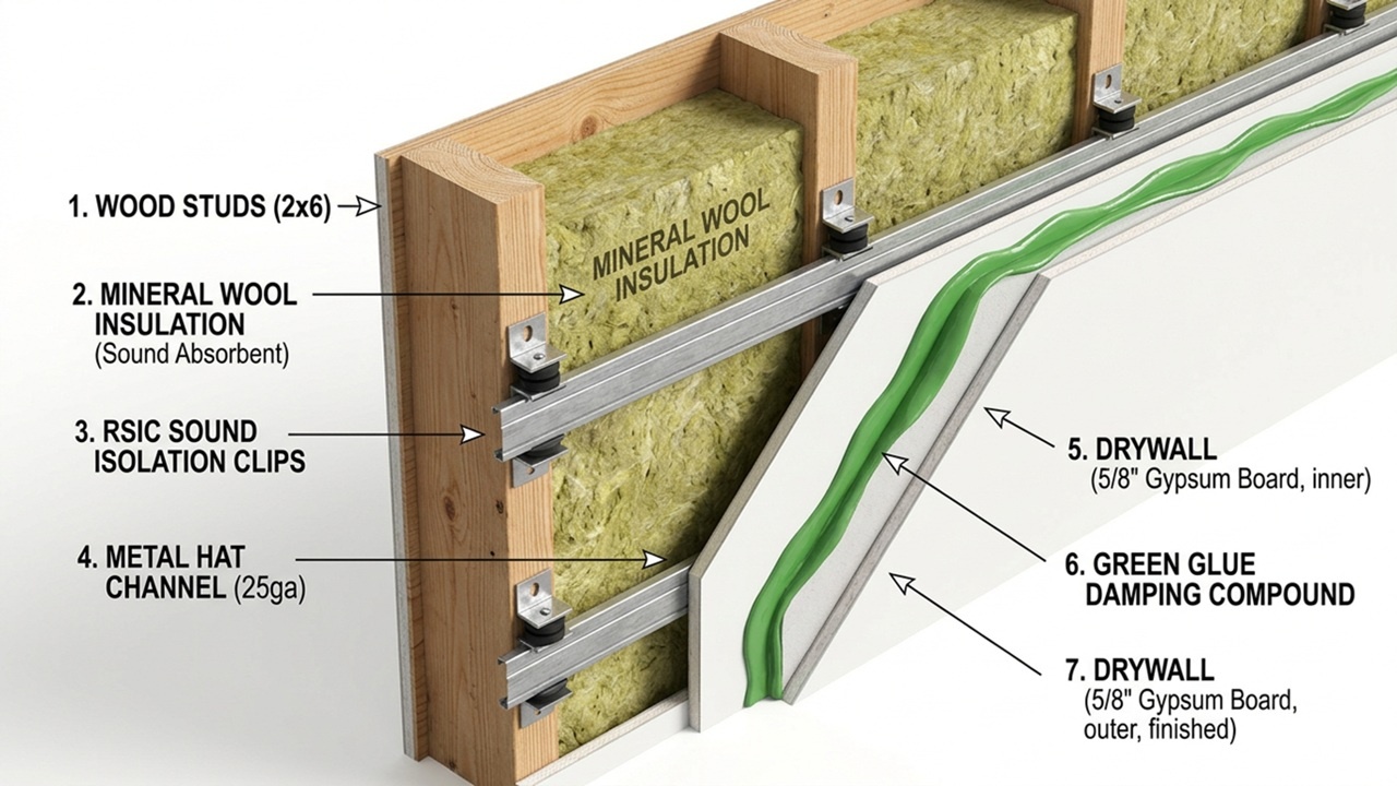 A 3D cross-section diagram showing the internal layers of a soundproof wall, including mineral wool, resilient clips, and double drywall with damping compound.