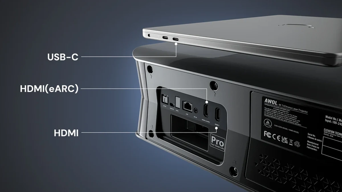 Laptop positioned above a projector with labelled USB-C and HDMI connection ports.