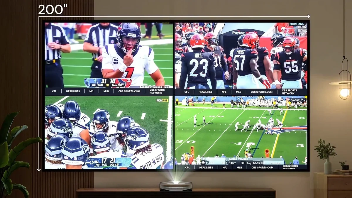 Comparison between a standard TV and a large projected screen sized for a living room.