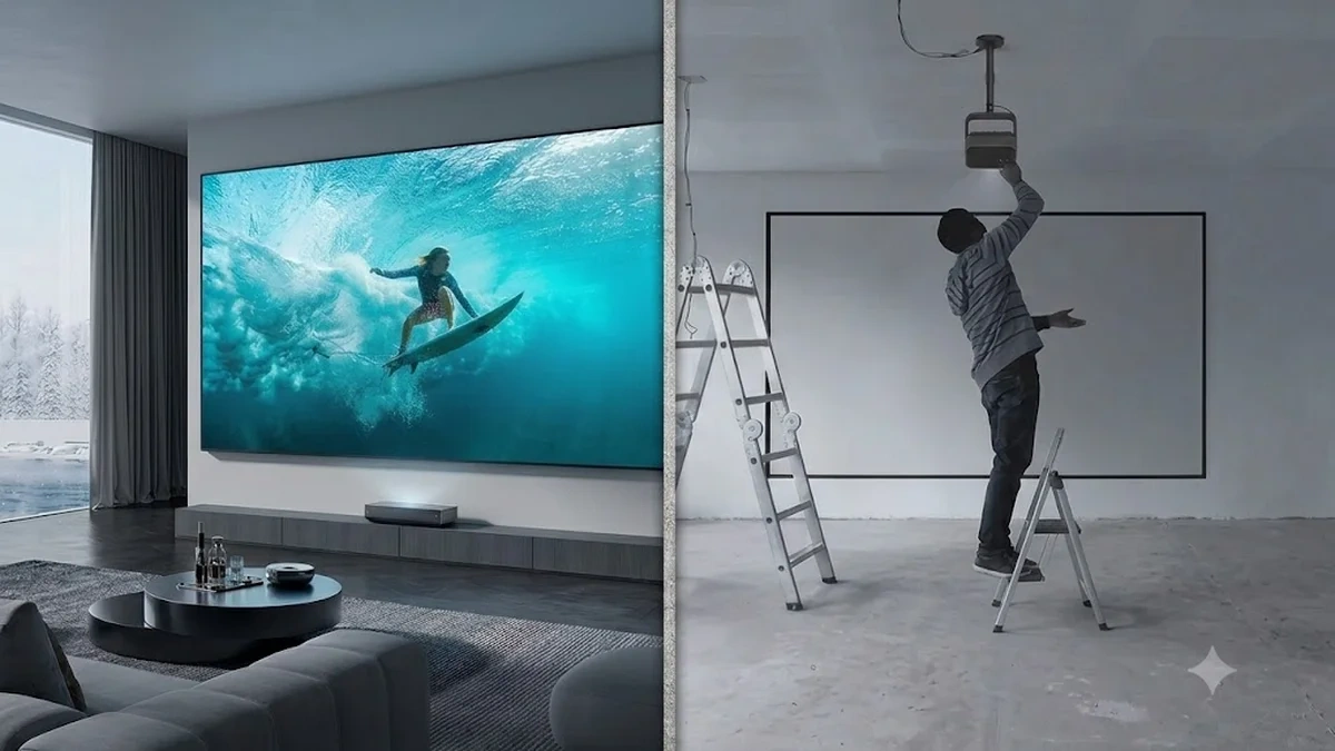 Comparaison entre un vidéoprojecteur ultra-courte focale dans un salon et un projecteur monté au plafond.