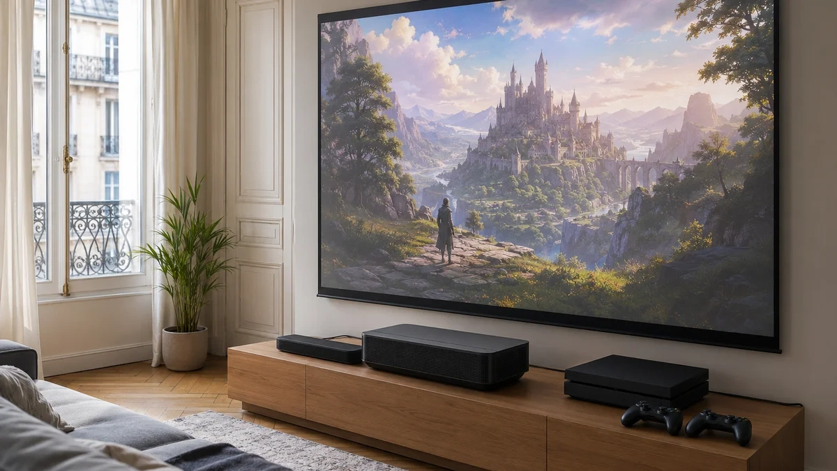 Installation et alignement d'un projecteur gaming au mur.