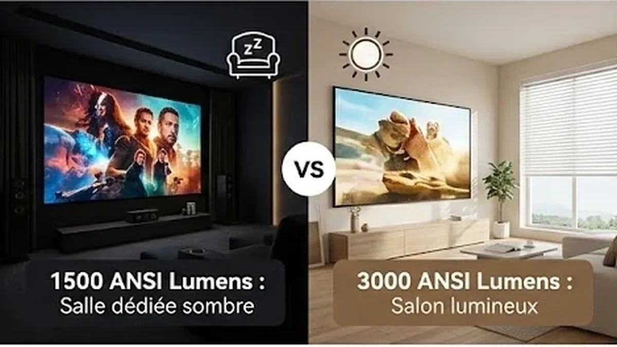 Comparaison de luminosité : 1500 lumens ANSI pour une salle dédiée sombre versus 3000 lumens ANSI pour un salon lumineux.