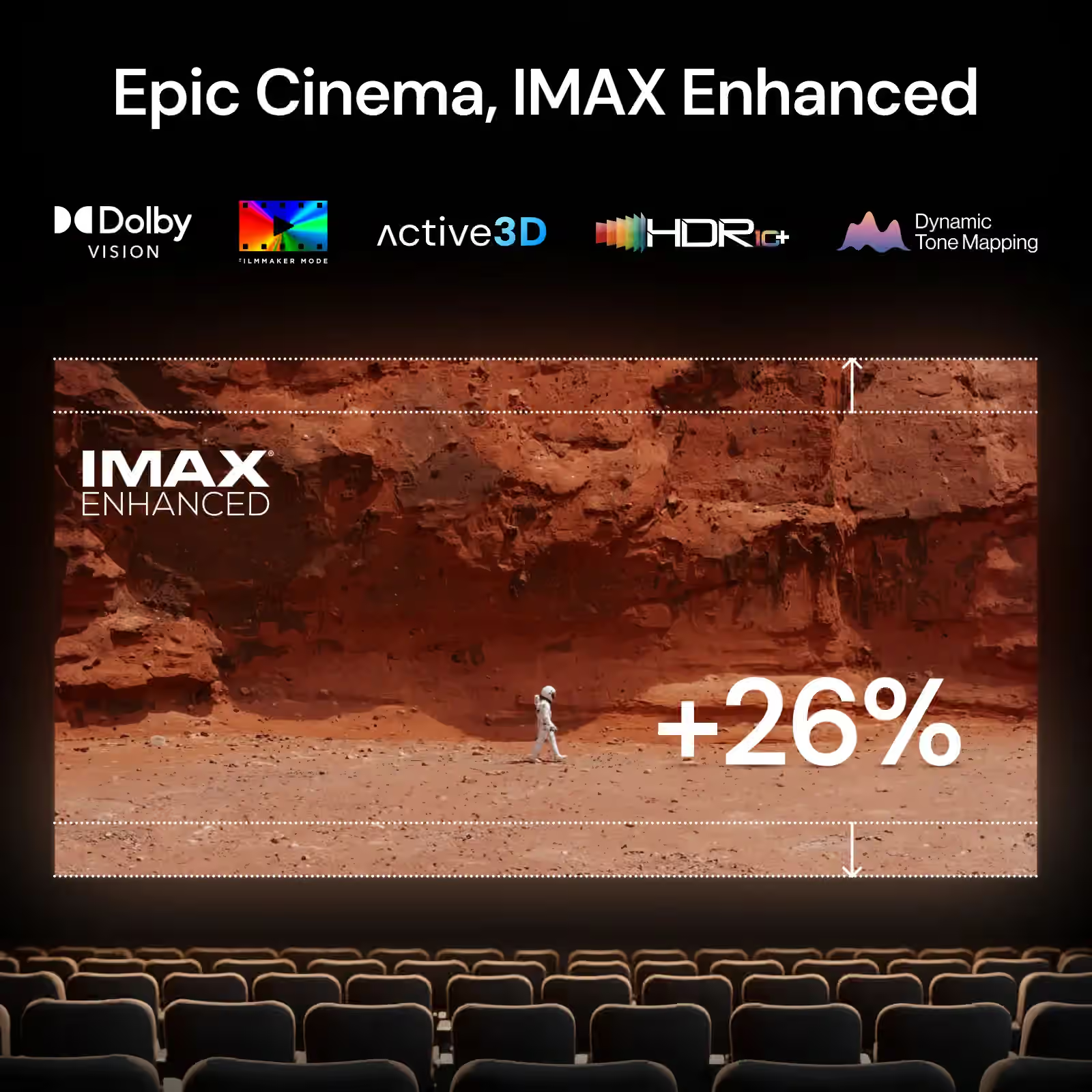 AWOL Valerion projector displaying an IMAX Enhanced Mars scene with a 26% larger image area, supporting Dolby Vision and HDR10+.