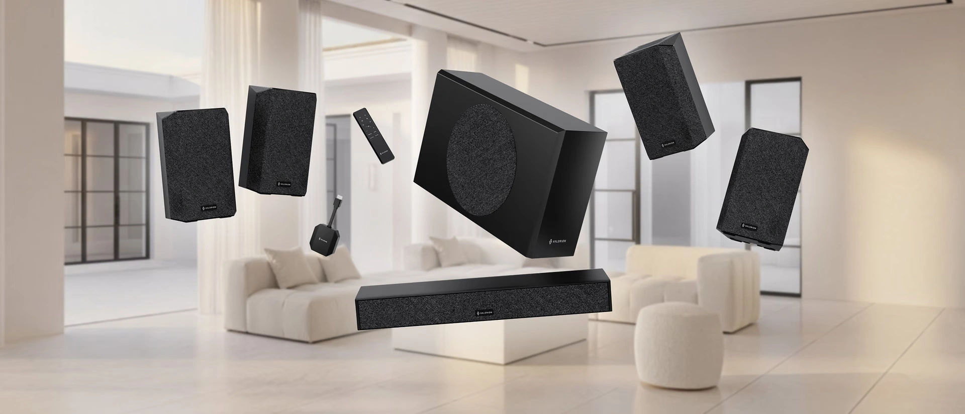 AWOL Valerion ThunderBeat sound system components floating in a modern living room setup, featuring a soundbar, subwoofer, and surround speakers.