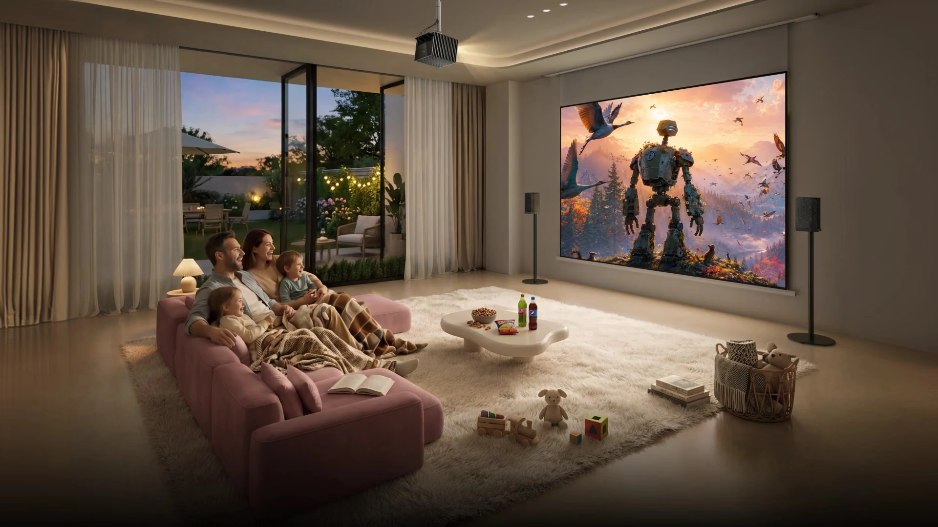 family enjoy movie night with their custom home theater