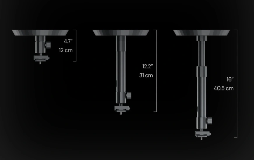Adjustable projector ceiling mount showing 4.7, 12.2, and 16-inch extension lengths