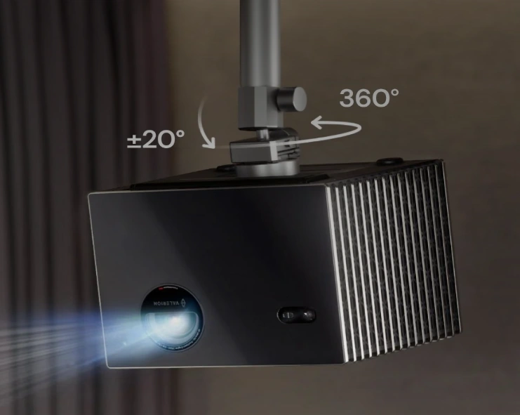 Ceiling-mounted projector with 360° rotation and ±20° tilt adjustment